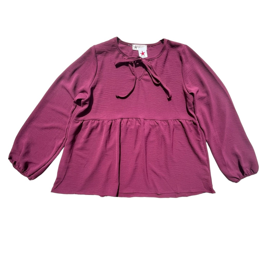 Mollys Women S Burgundy Long Bishop Sleeves Tie Neck Babydoll Blouse 12042W Boho